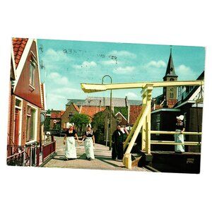 Vintage Volendam Holland Postcard Amsterdam Stamp Netherlands Scenery Bridge